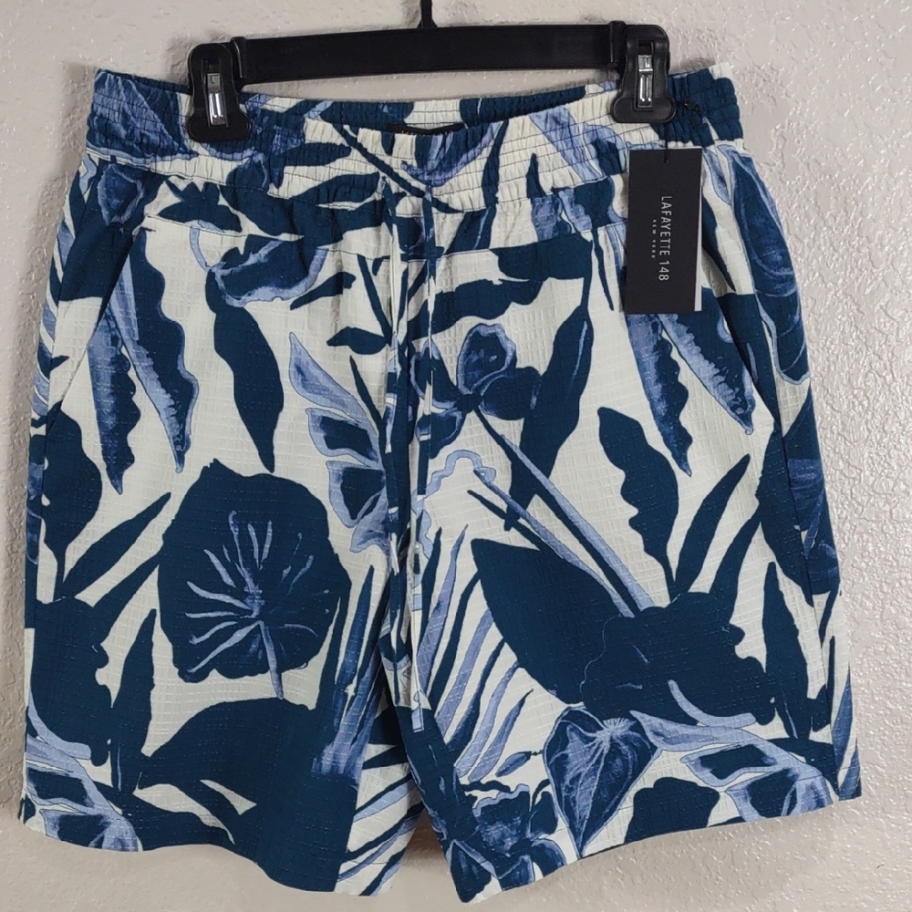 Lafayette 148 New York Navy and White Leaf Print Swim Trunks, Size M.